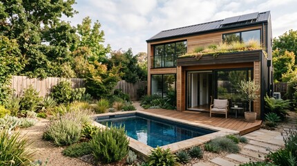 Fototapeta premium Compact eco house with plunge pool, green roof, and drought-tolerant garden. Great for sustainable living, residential design, and property marketing.
