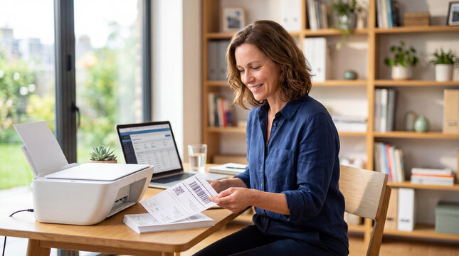 Woman entrepreneur printing shipping label with barcode at home office. Logistics and supply chain management for small business. E-commerce package preparation and dispatch service concept
