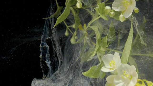 White blossom branch drifting underwater with leafy stems and ink veil, macro slow motion botanical study highlighting texture, suspension