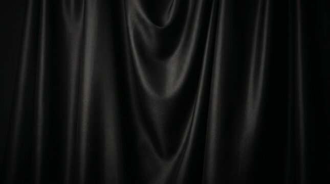 Luxurious Black Satin Silk Fabric Background with Elegant Drapes and Soft Folds, Glossy Textile Texture for Premium Fashion Backdrop or Sophisticated Design Presentation.