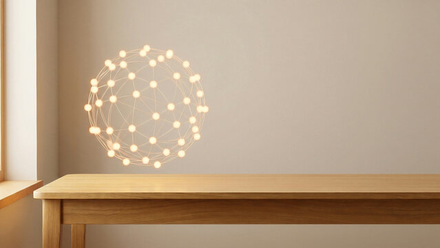 Luminous Wireframe Network Sphere Floating in Minimal Room with Wooden Table Symbolizing Digital Connection and Future Innovation Perfect for Technology Advertising Presentation and Website Background