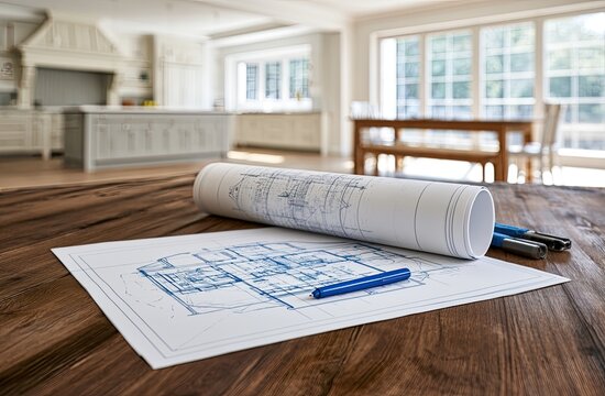 Architectural blueprints and pens lie on a wooden table