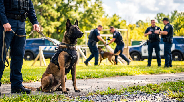 Police officer standing with Belgian Malinois dog. K9 unit training session on outdoor field. Professional law enforcement team working with patrol dog. Security and safety concept