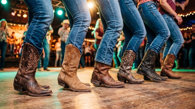 Group of women and men line dancing in cowboy boot on wooden floor. Country music party in bar. Traditional western dance event and lifestyle concept with people in denim jean