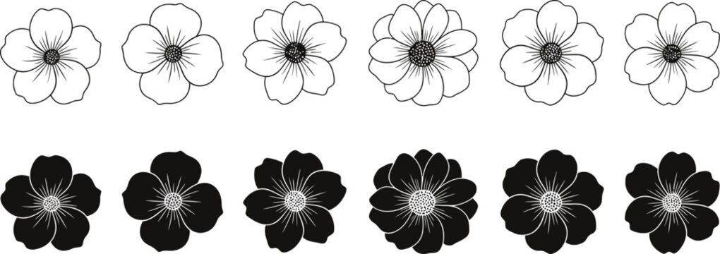 Black and white flower illustrations in various styles and shapes isolated on white background