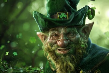 Obraz premium Friendly leprechaun wearing a green hat with a shamrock smiles in a magical forest
