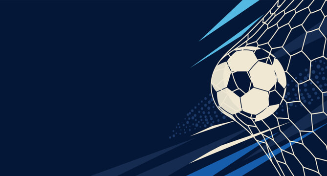 Football Championship. Soccer ball in the net, shot on goal, template with space for text. Modern vector horizontal banner in blue with  football theme for sporting events, championships, social media