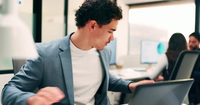 Businessman, writing and laptop in office with notebook, problem solving and data analysis for income. Coworking, person and notes with computer, graphs and statistics paperwork for revenue metrics.