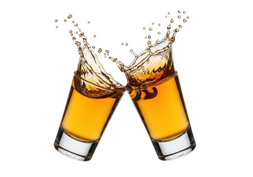 Two glass shot glasses filled with amber tequila clinking together, creating a dynamic liquid splash against a solid black background