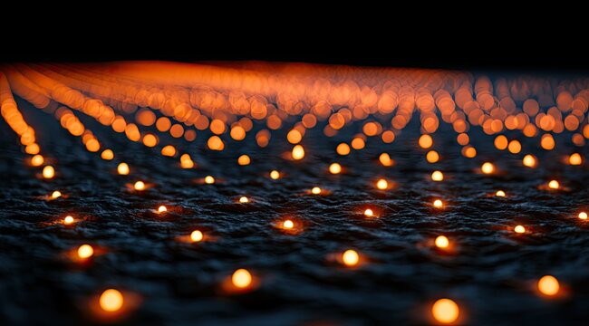 Numerous small, glowing orange lights create a mesmerizing, infinite pattern in darkness