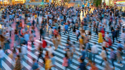 Obraz premium Iconic Shibuya Crossing in Tokyo with blurred crowds and neon lights at dusk