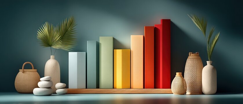 A colorful bar graph with decorative vases, stones, and plants in a minimalistic design