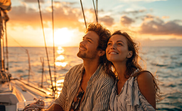 Attractive young couple spending quality time together on a modern sailing catamaran, admiring a spectacular sunset while enjoying a romantic honeymoon or anniversary getaway.