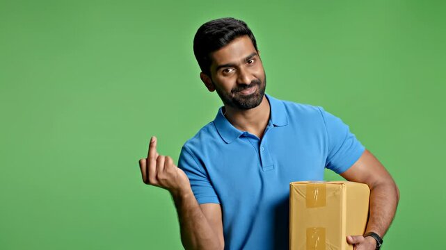 Friendly delivery man holding package and gesturing come here on green screen courier