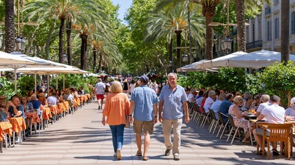 Obraz premium Tourists stroll down a bustling Barcelona boulevard lined with outdoor cafes and palm trees