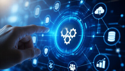 Fototapeta premium Finger touching gears icon representing automation technology.