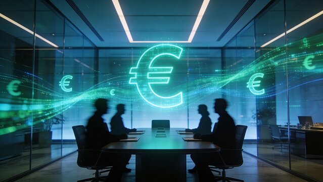 Generative AI depicts a futuristic financial meeting with digital currency symbols
