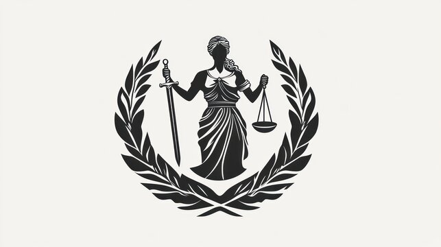 Silhouetted goddess with sword & scales, framed by laurel wreath on neutral background