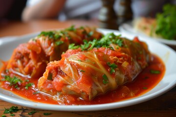 Fototapeta premium Stuffed cabbage rolls, also known as golubtsi, covered in a rich tomato sauce and garnished with fresh parsley