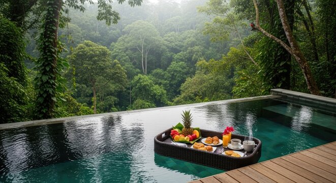Luxury floating breakfast served in tropical infinity pool overlooks dense jungle canopy