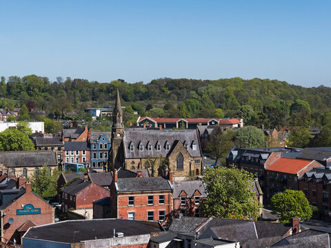 View over Morpeth, Northumberland, UK with St George's URC Church.