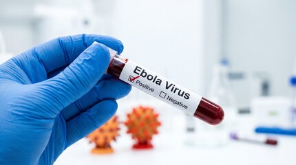 Fototapeta premium Hand holding blood sample showing positive ebola virus test 