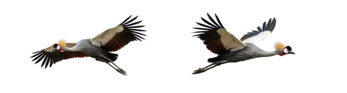 Two cranes flying in the air isolated on with wildlife, migration, graceful isolated on transparent background