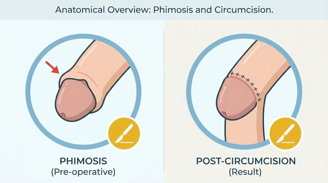 Anatomical Illustration of Phimosis and Post-Circumcision Result.