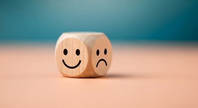 Wooden dice with smiling and frowning faces on gradient background