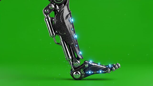 Futuristic robotic prosthetic leg with glowing led lights and carbon fiber bionic