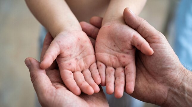 Close-up of a childs hands showing red spots, possibly a rash or illness, held gently by adult hands.