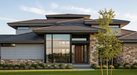 Obraz premium Contemporary luxury residence displays varied exterior materials under a clear sky