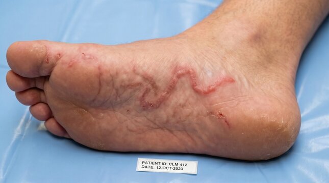 Close-up of a human foot showing a parasitic worm infestation on the sole.