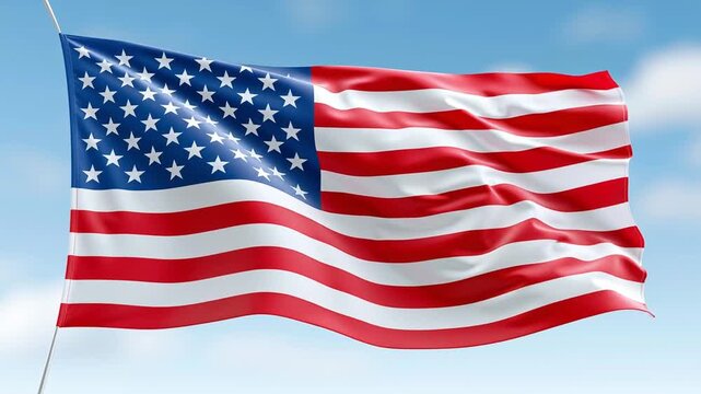 American flag waving in the wind against a clear blue sky, showcasing the stars and stripes in a vibrant display of patriotism and national pride