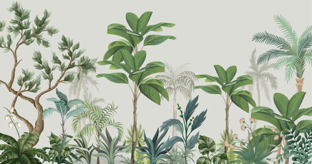 Tropical Palm Mural Illustration for Wallpaper, Palm Tree, Watercolor Background. © Sharif