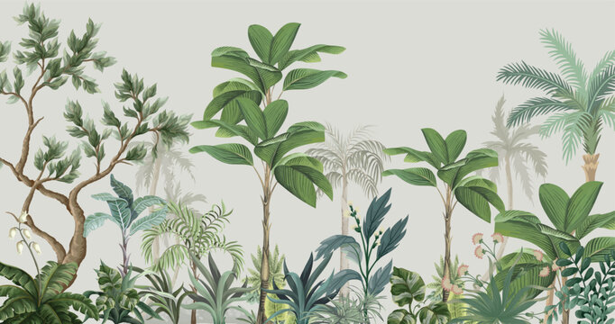 Tropical Palm Mural Illustration for Wallpaper, Palm Tree, Watercolor Background.