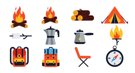 Camping icons fire tent backpack chair compass coffee pot log vector set © Alek