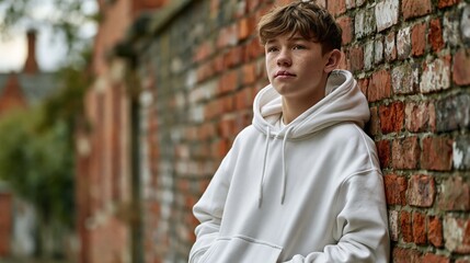Fototapeta premium National Cleft & Craniofacial Awareness & Prevention Month: a teenage boy aged 15-16 with a unilateral cleft lip scar leaning against a weathered brick wall outdoors, overcast soft daylight