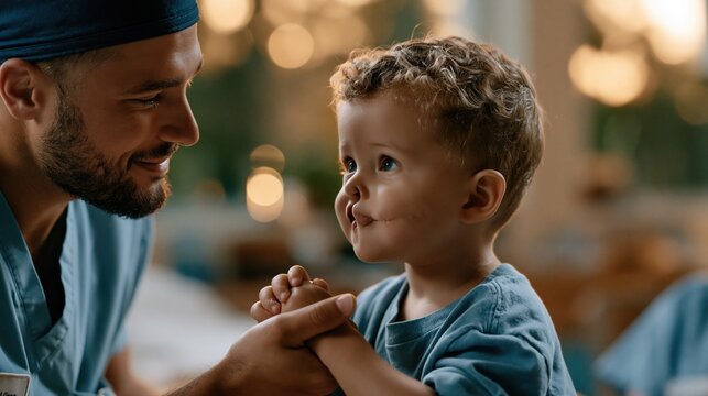 National Cleft & Craniofacial Awareness & Prevention Month: A pediatric craniofacial surgeon in blue scrubs gently holding the hands of a toddler with a cleft palate repair scar