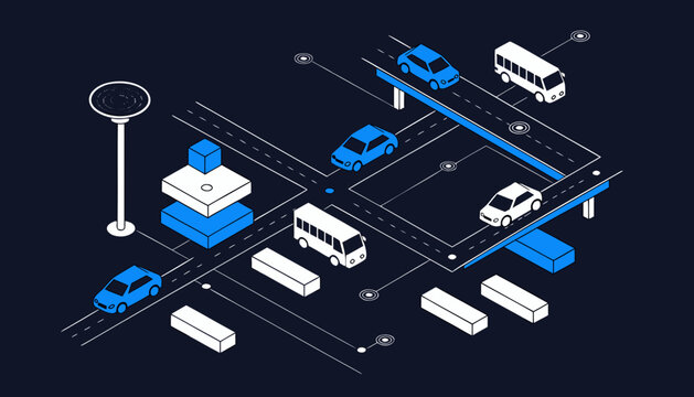 Isometric traffic network with cars and buses