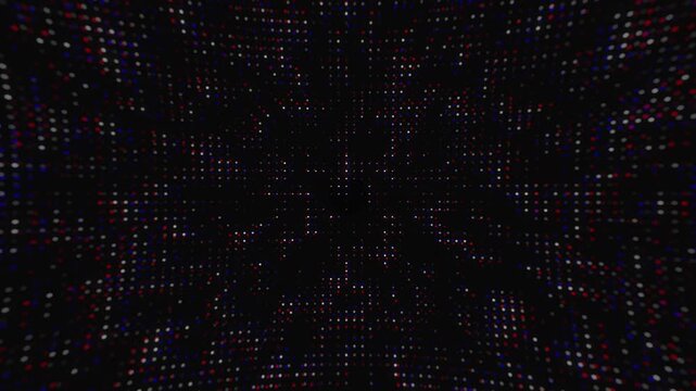 Abstract digital data background with flickering red blue and white dots forming a grid pattern on a dark surface with a subtle lens distortion effect for technology concepts