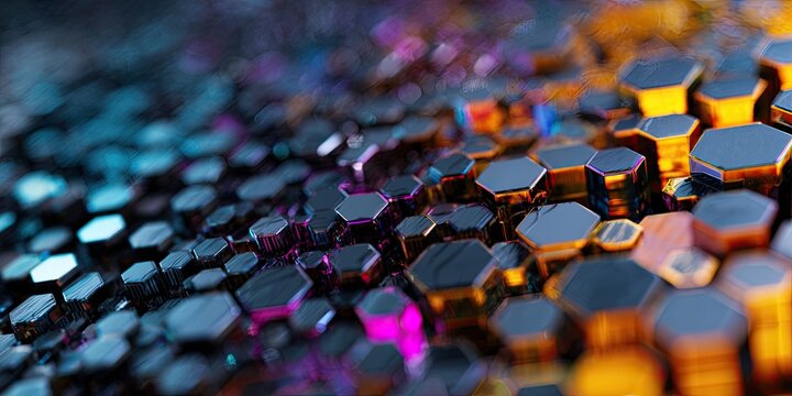 Close-up abstract of iridescent hexagonal prisms with glowing edges