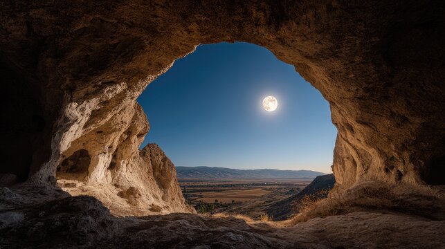 View through cave entrance to moonlit valley, clear sky