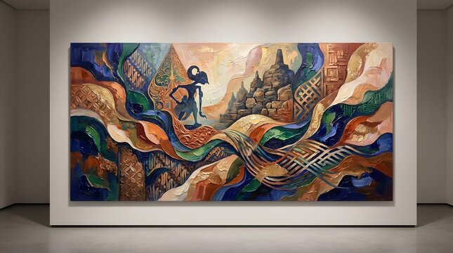 Vibrant textured abstract painting with Indonesian Wayang Kulit and temple motifs