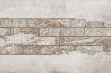 Abstract rustic ceramic tile texture with layered stone rectangles and earthy neutral tones on distressed background. © Vidal