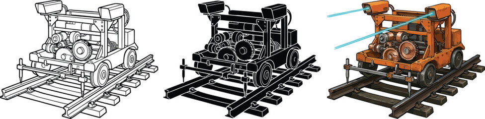 Set of three railway maintenance machines line art silhouette and color illustration for industrial design and construction concepts © Ahmad