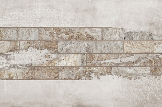 Abstract rustic ceramic tile texture with layered stone rectangles and earthy neutral tones on distressed background.