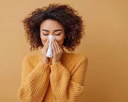 Woman blowing nose with tissue during seasonal allergy