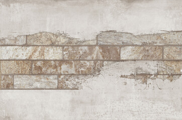 Abstract rustic ceramic tile texture with layered stone rectangles and earthy neutral tones on distressed background. © Vidal