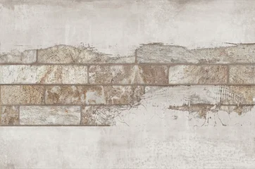 Abstract rustic ceramic tile texture with layered stone rectangles and earthy neutral tones on distressed background. © Vidal